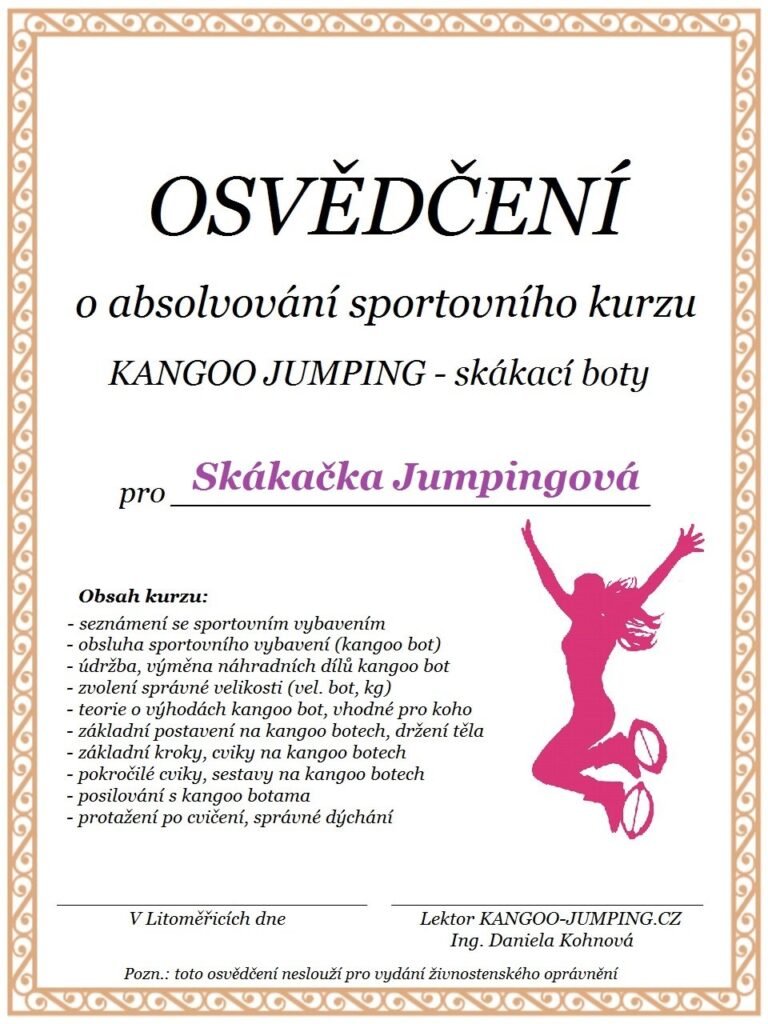Osvědčení o absolvování sportovního kurzu Kangoo Jumping – skákací boty